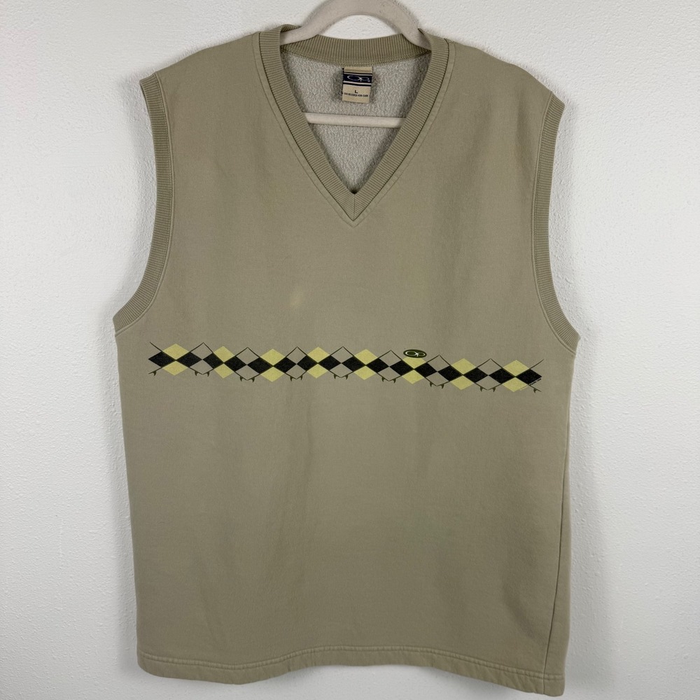 OP Ocean Pacific Mens Vest Tan Argyle V Neck Sweatshirt Pullover Size L EUC